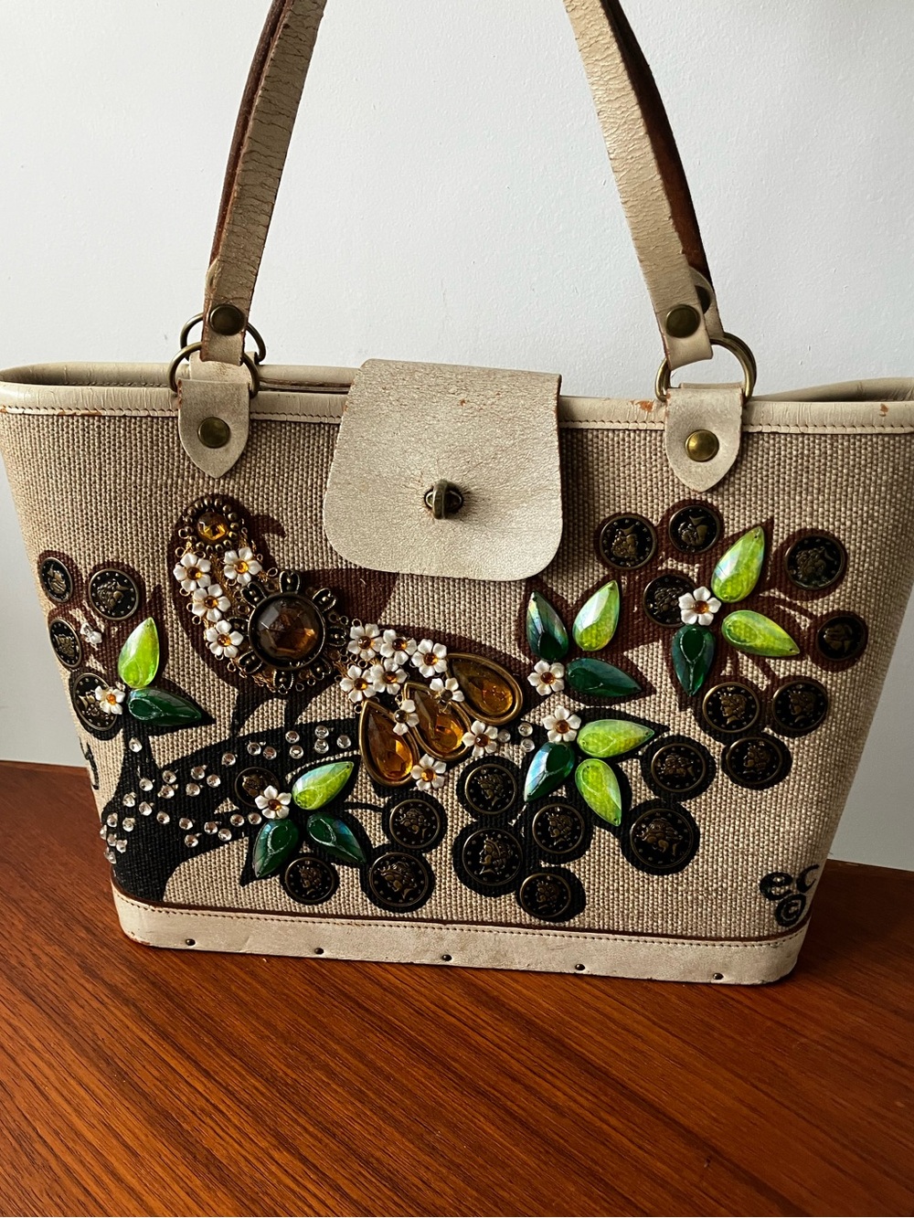 Vintage Enid Collin’s Money Tree Wood Woven Tote w/ Embellishment Wedding  Event